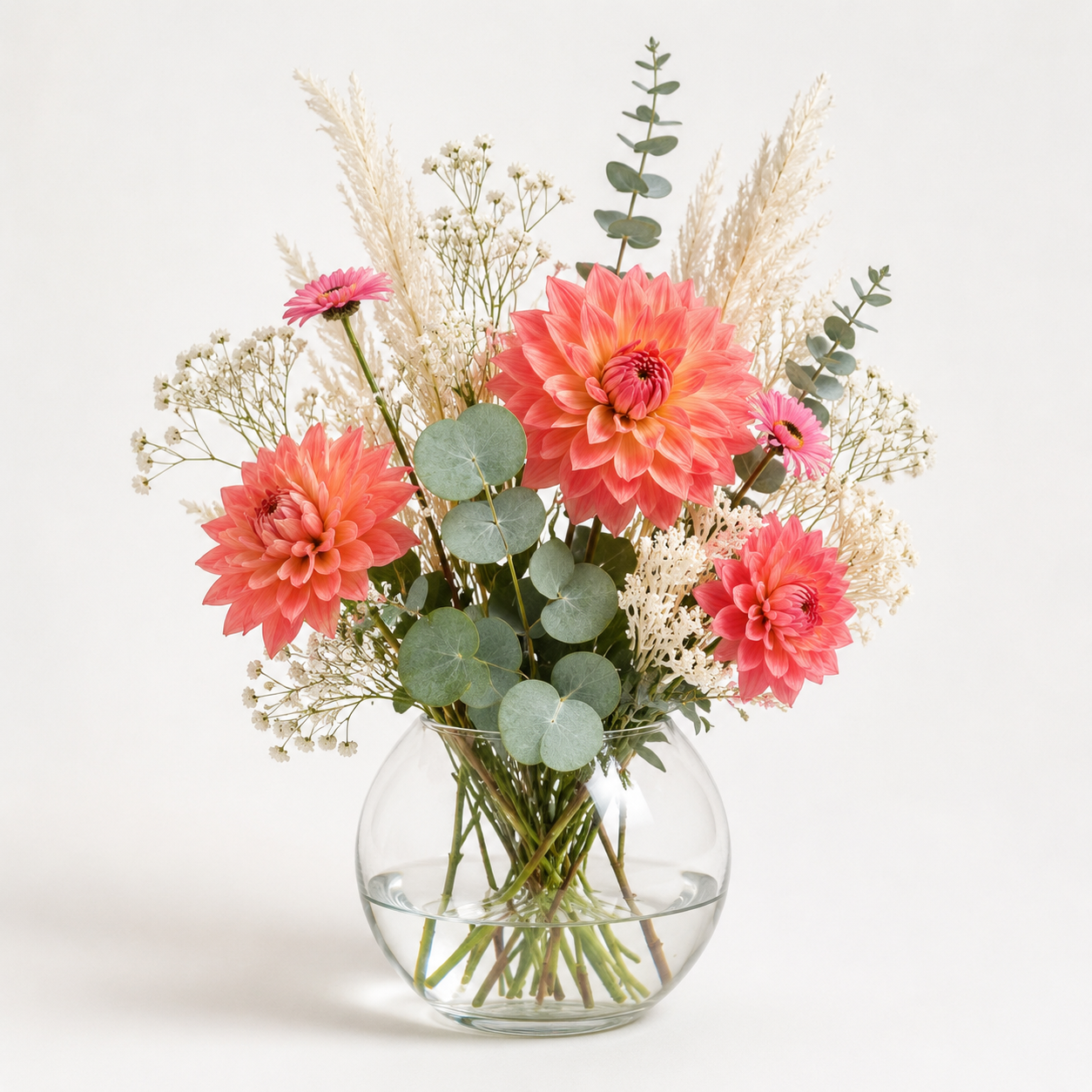 airy garden-style mixed bouquet in a round glass bowl vase with coral focal flowers, pink accents, eucalyptus, baby's br