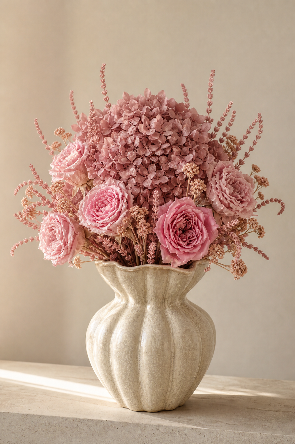 Stemmed Rose Pink Shelf Arrangement