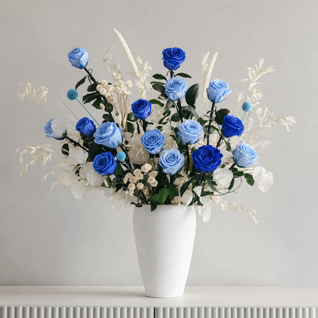 Large Austin Rose Blue Console Arrangement