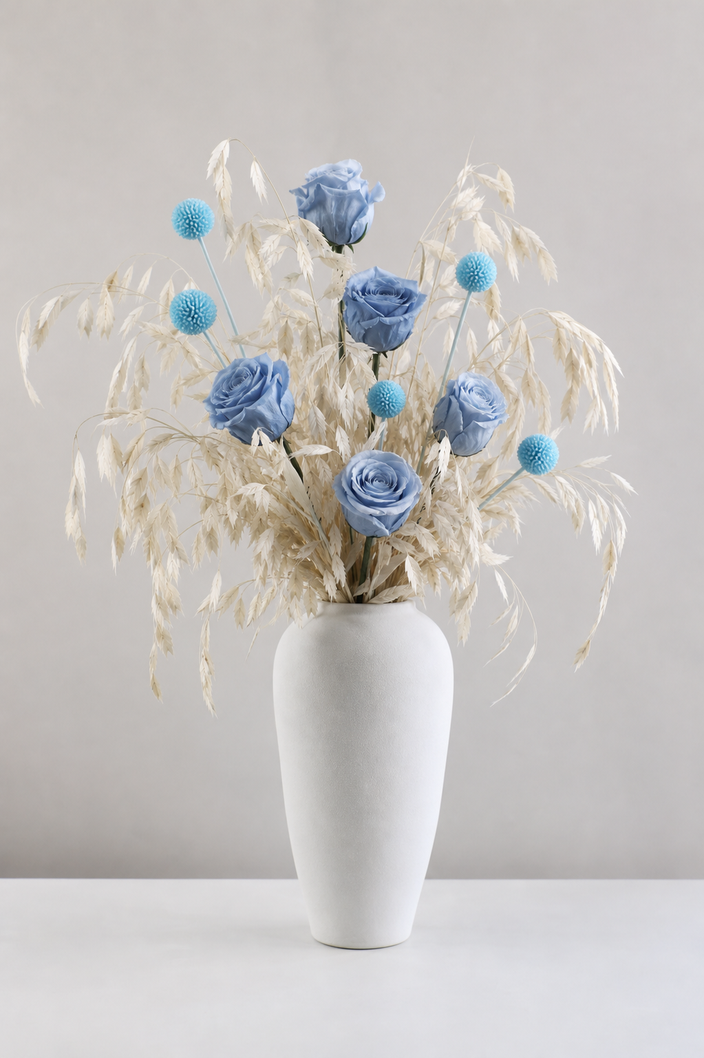 Rose Gray Blue Reception Arrangement