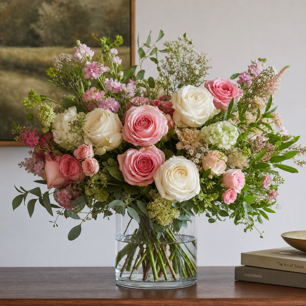 lush garden-style pastel rose arrangement in a clear glass cylinder vase style floral arrangement with pink roses, white