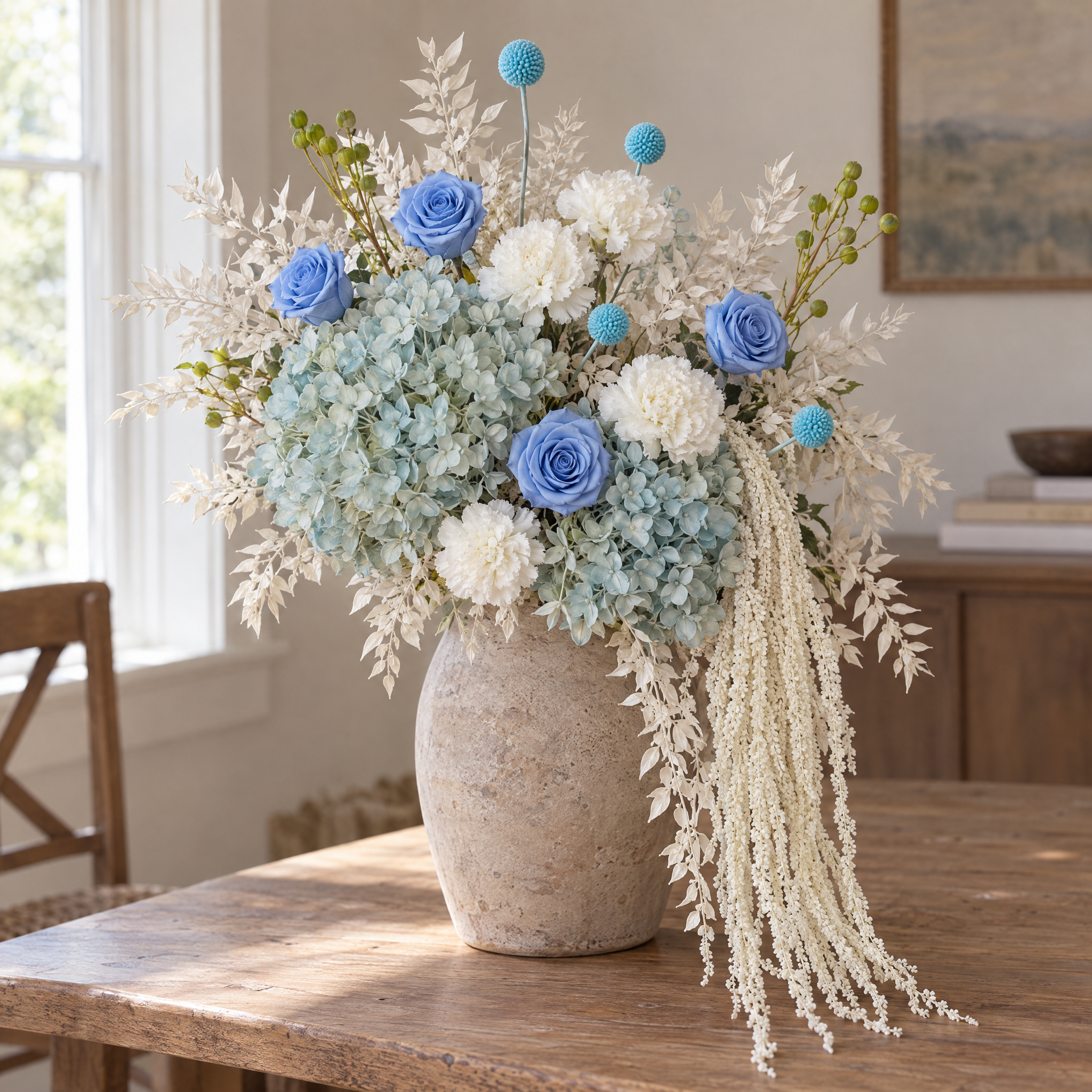 Billy Buttons Blue Console Arrangement