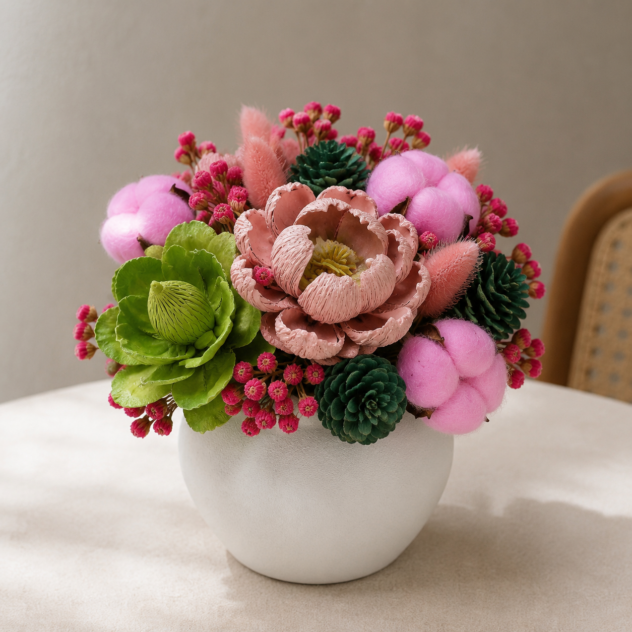 Single Cotton Boll Rose Pink Restaurant Arrangement