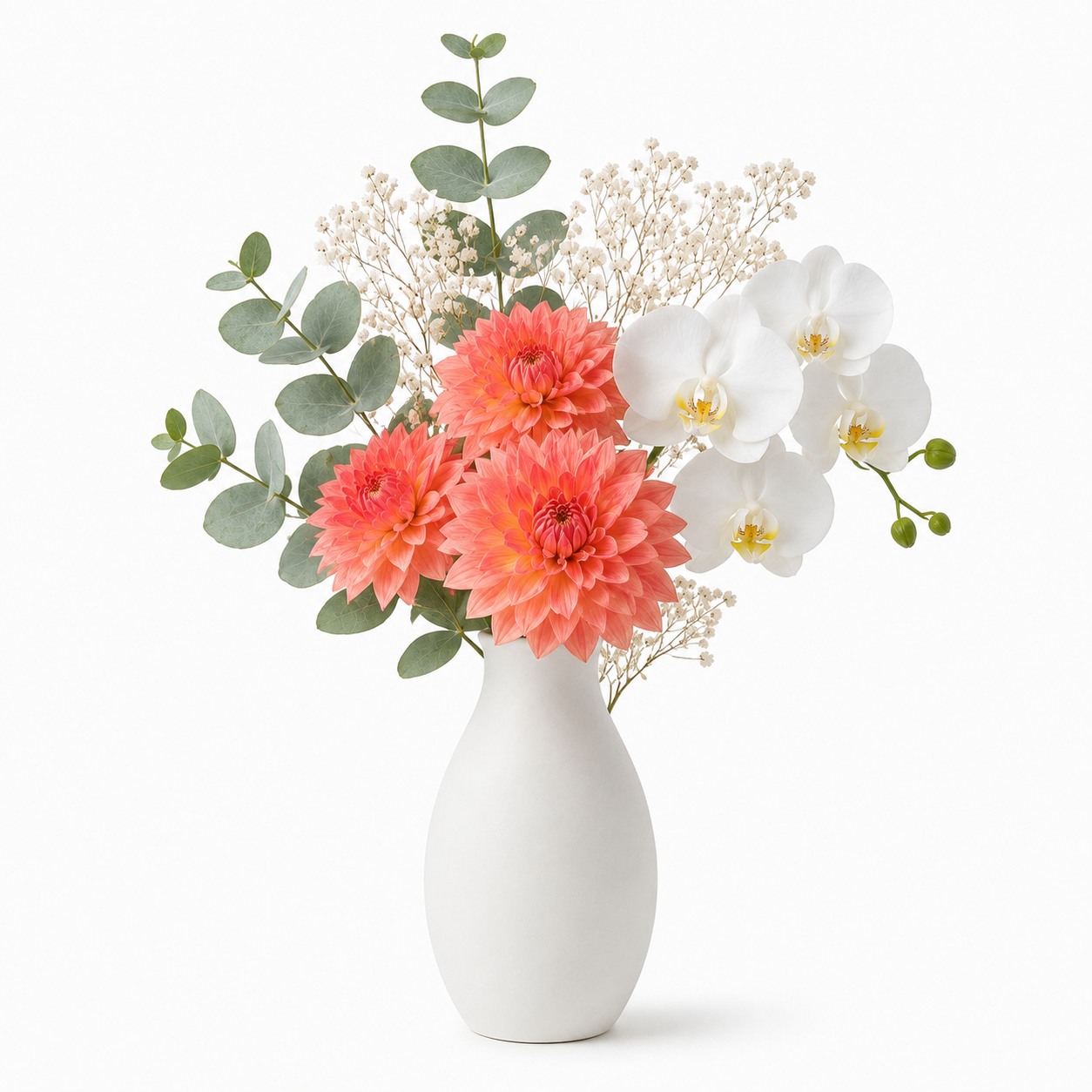 modern airy garden-style arrangement in a matte white ceramic vase style floral arrangement with Dahlia, Silver Dollar E