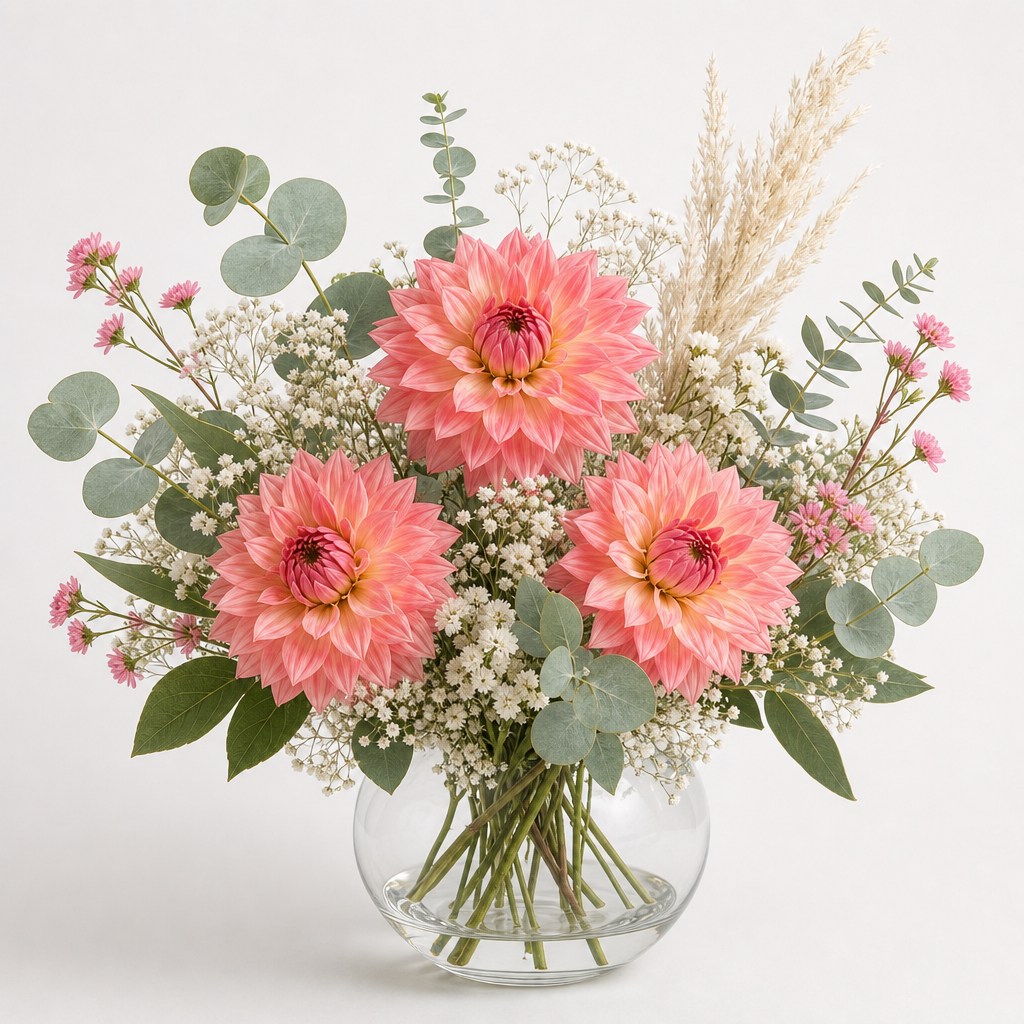 romantic garden-style floral arrangement in a clear round glass bowl vase style floral arrangement with Dahlia, Silver D