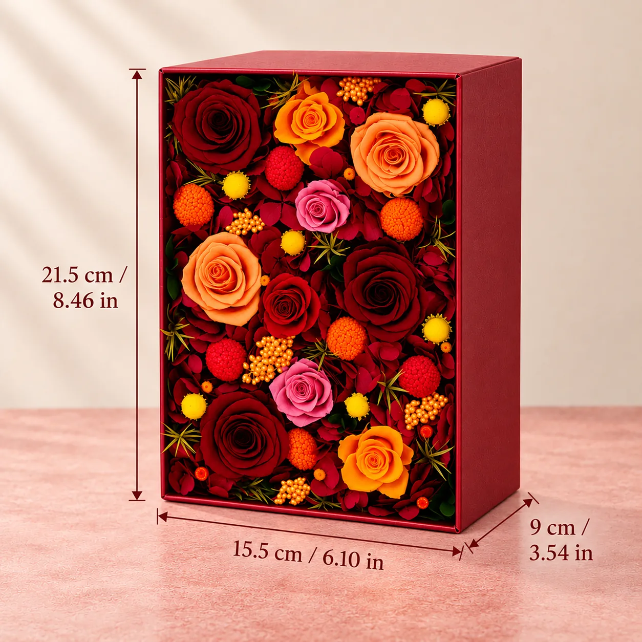 Amber Flame Flower Box size chart: 15.5 cm long, 21.5 cm wide, 9 cm tall