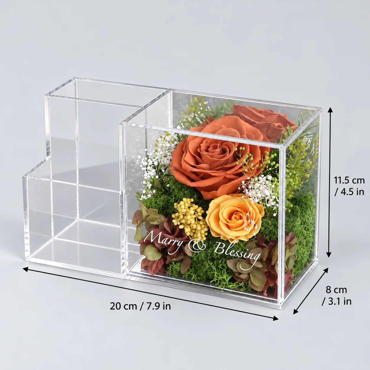 Amber Rose Pen Holder Flower Box size chart: 20 cm long, 8 cm wide, 11.5 cm tall