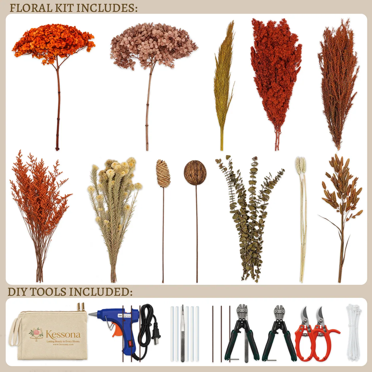 Autumn Ember Dried Bouquet DIY kit contents: stems, tools and step-by-step guide