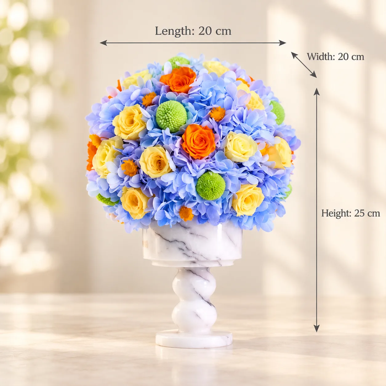Azure Sun Marble Arrangement size chart: 20 cm long, 20 cm wide, 25 cm tall