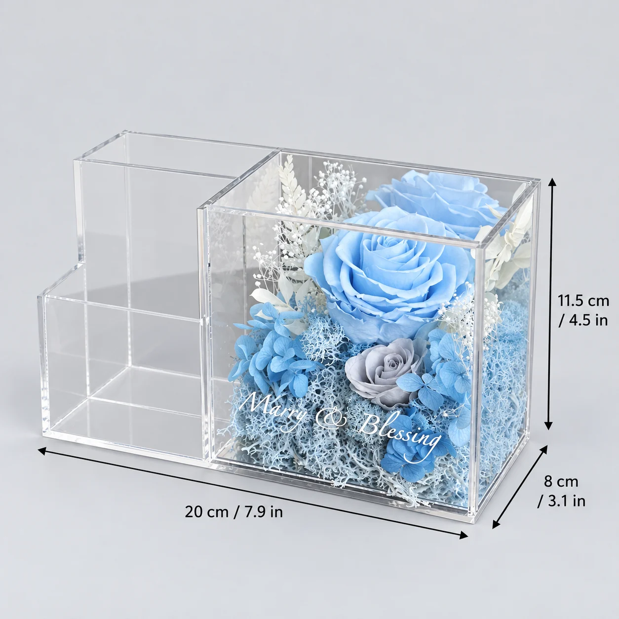 Blue Rose Pen Holder Flower Box size chart: 20 cm long, 8 cm wide, 11.5 cm tall
