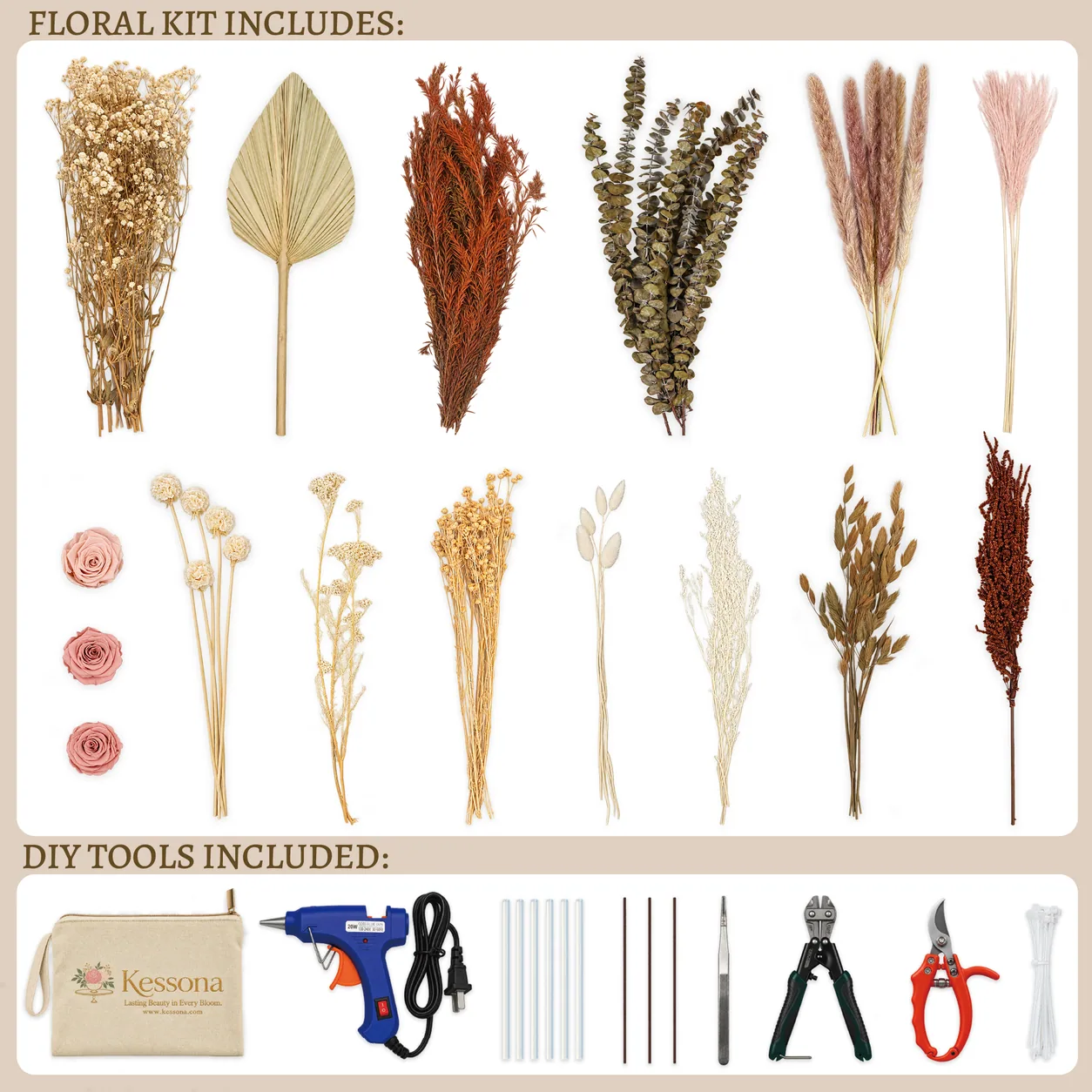 Blush & Copper Dried Bouquet DIY kit contents: stems, tools and step-by-step guide
