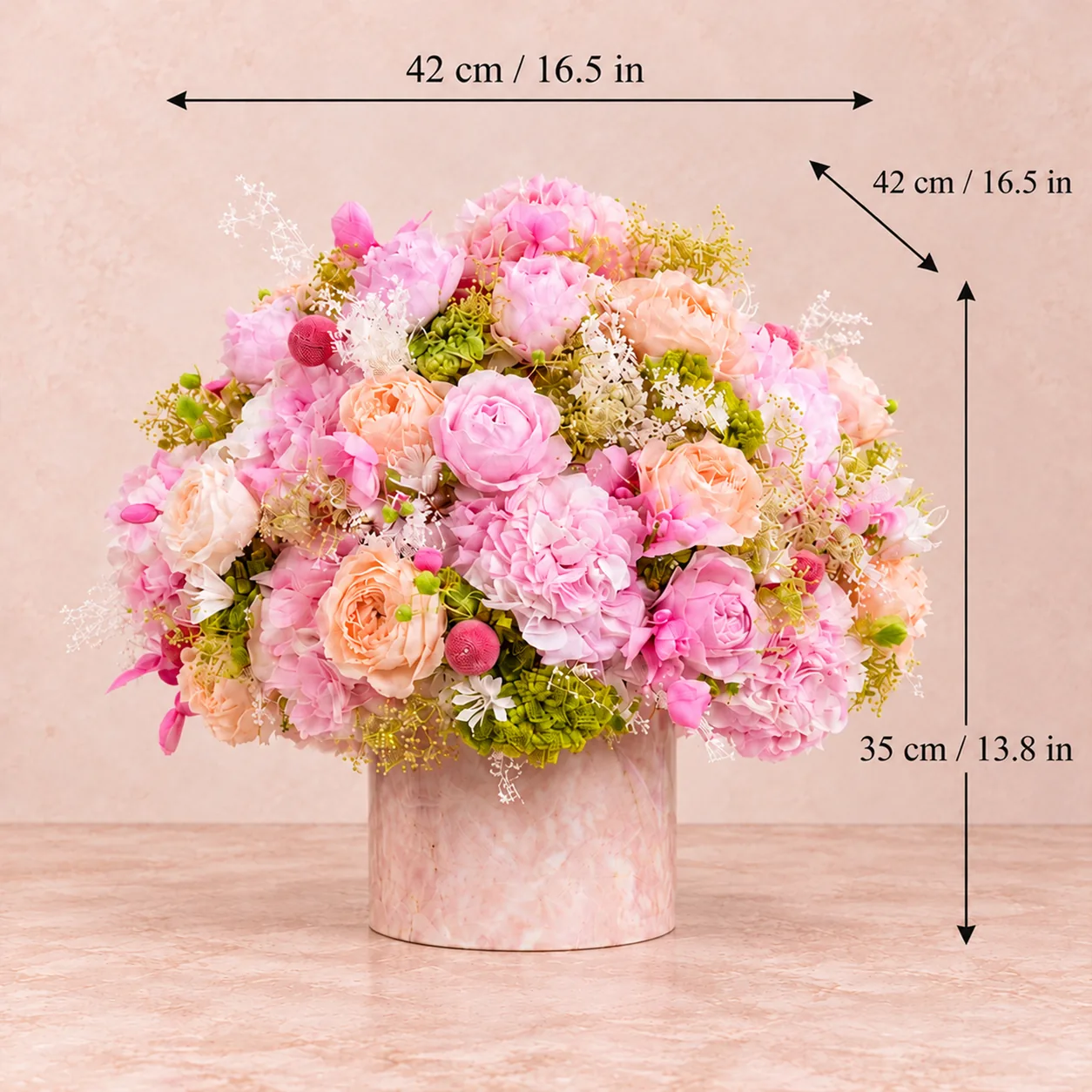 Blush Garden Marble Arrangement size chart: 42 cm long, 42 cm wide, 35 cm tall