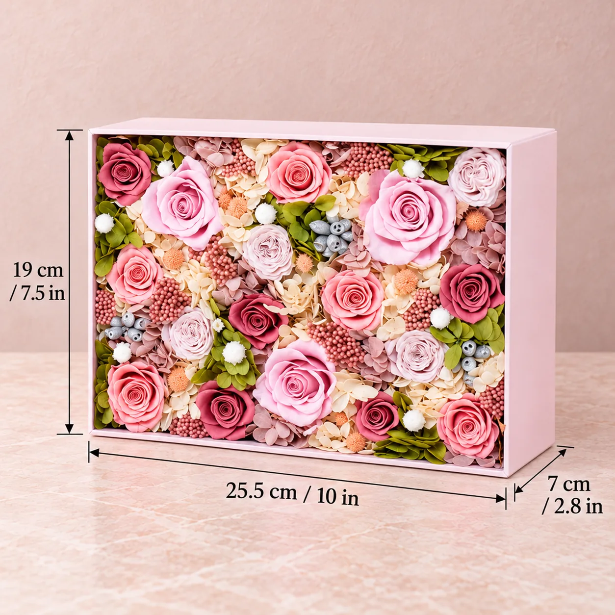Blush Rose Garden Flower Box size chart: 25.5 cm long, 19 cm wide, 7 cm tall