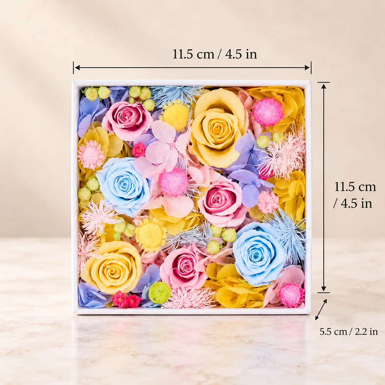 Candy Pastel Flower Box size chart: 11.5 cm long, 11.5 cm wide, 5.5 cm tall