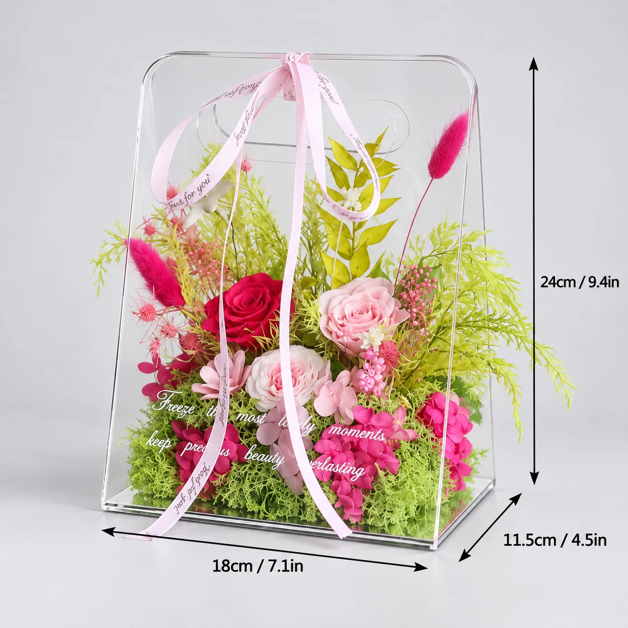 Candy Pink Acrylic Tote Flower Box size chart: 18 cm long, 11.5 cm wide, 24 cm tall