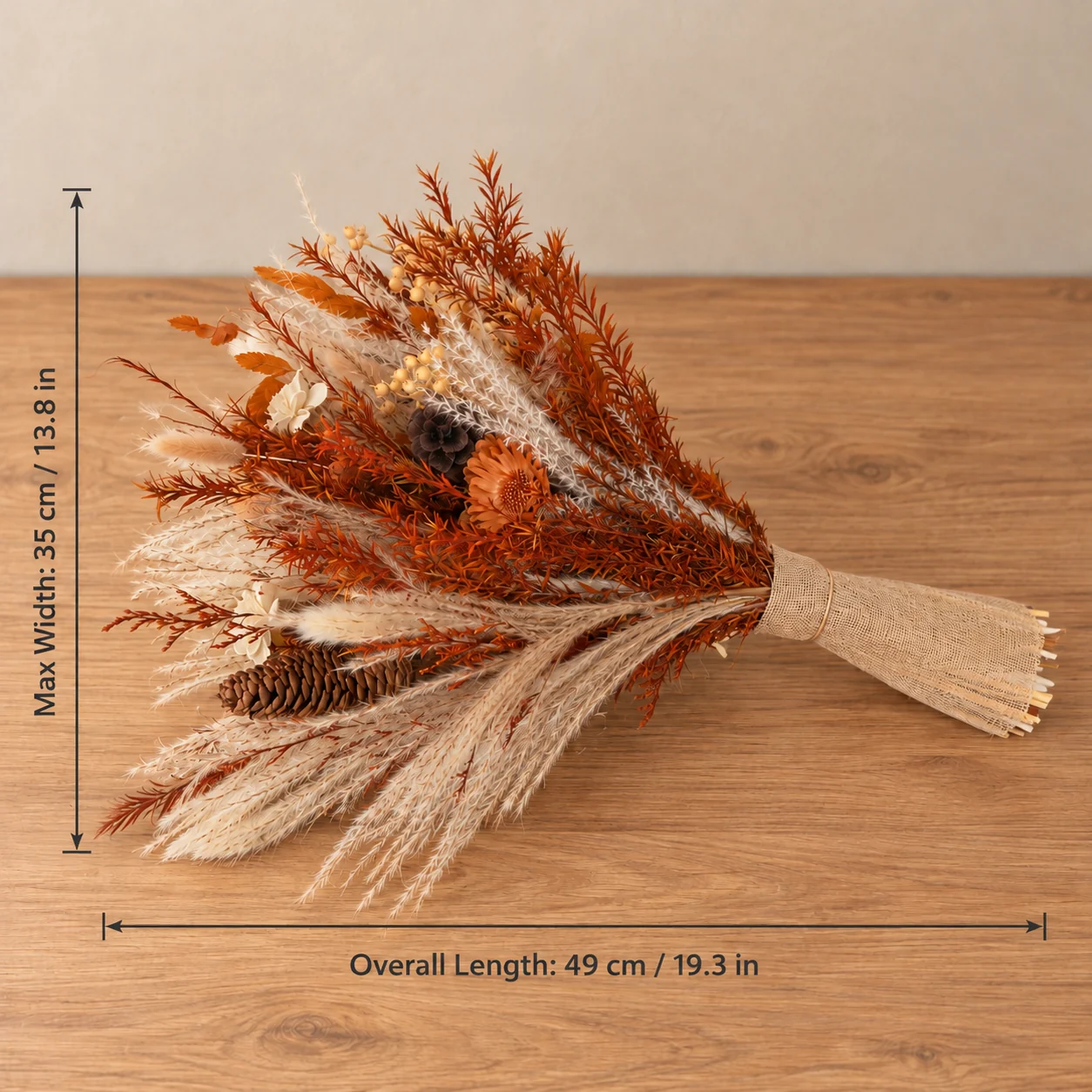 Cinnamon Daisy Bouquet size chart: 49 cm long, 35 cm wide