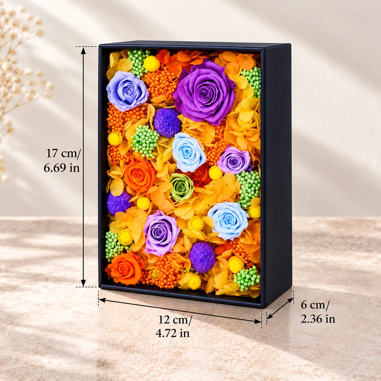 Citrus Violet Flower Box size chart: 12 cm long, 17 cm wide, 6 cm tall