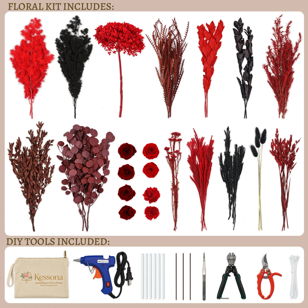 Crimson Noir Preserved Bouquet DIY kit contents: stems, tools and step-by-step guide