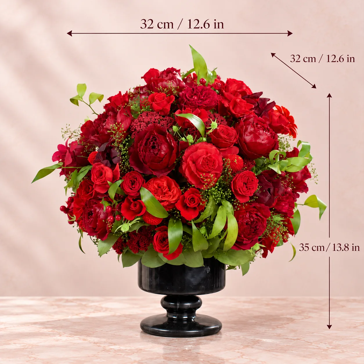 Crimson Rose Marble Arrangement size chart: 32 cm long, 32 cm wide, 35 cm tall