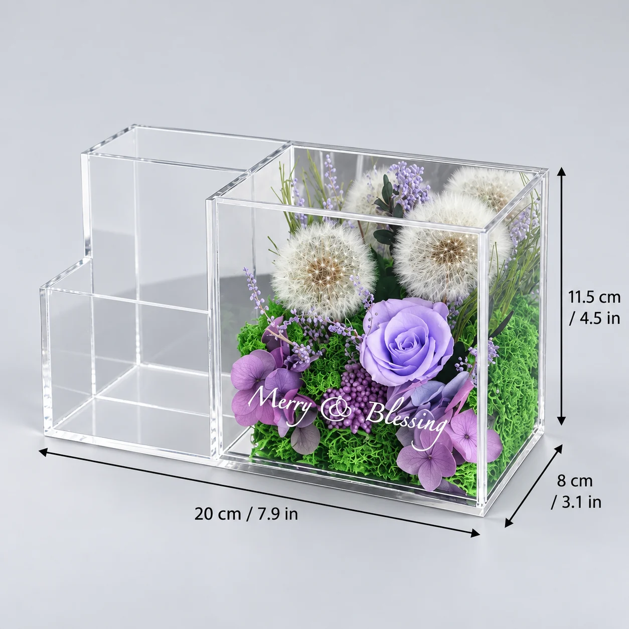 Dandelion Lilac Pen Holder Flower Box size chart: 20 cm long, 8 cm wide, 11.5 cm tall