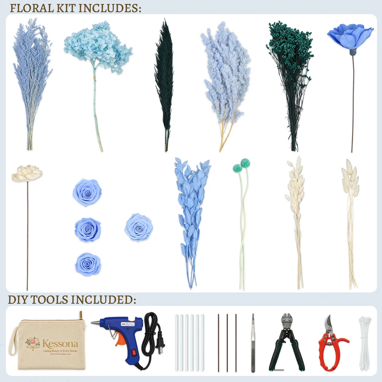 Deep Teal & Blue Preserved Bouquet DIY kit contents: stems, tools and step-by-step guide