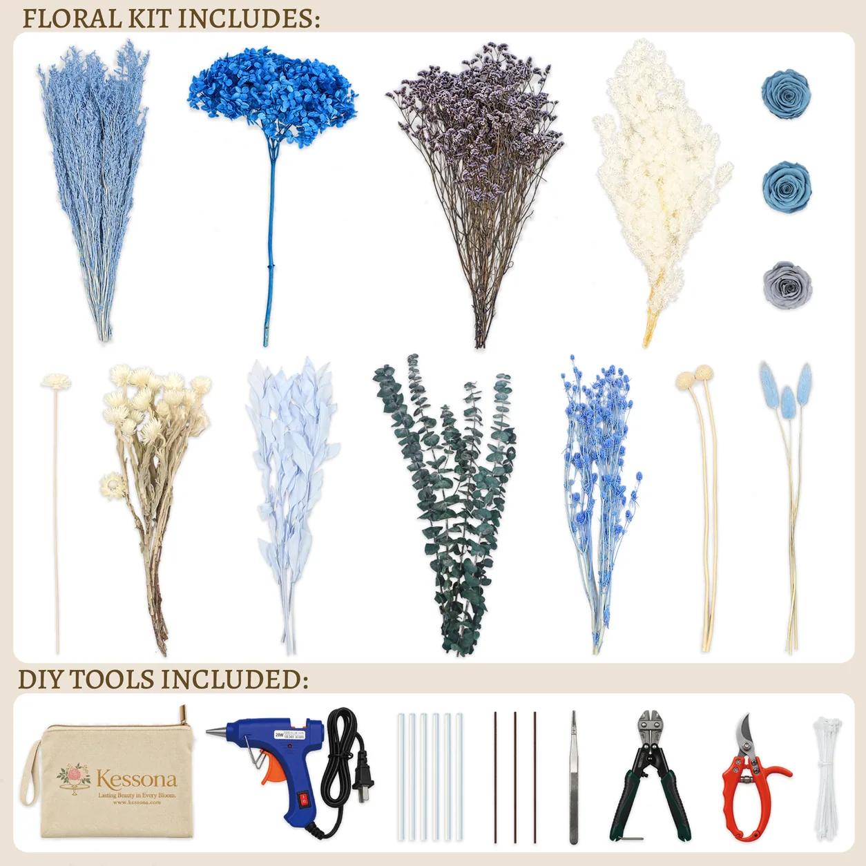 Dusty Blue Preserved Bouquet DIY kit contents: stems, tools and step-by-step guide