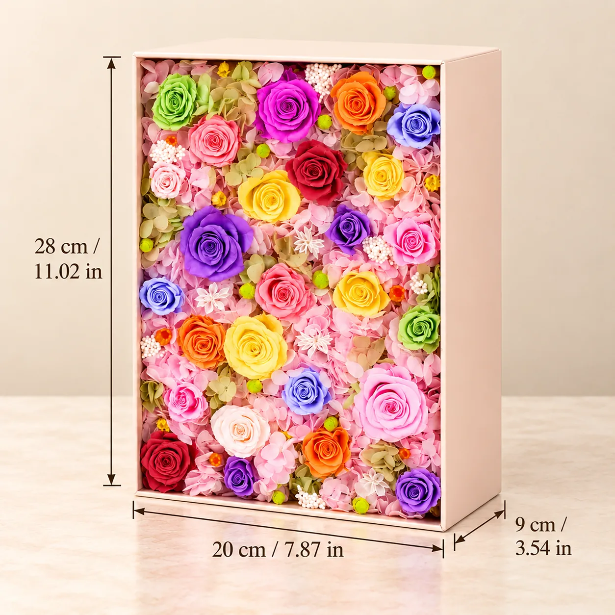 French Romance Rainbow Flower Box size chart: 20 cm long, 28 cm wide, 9 cm tall