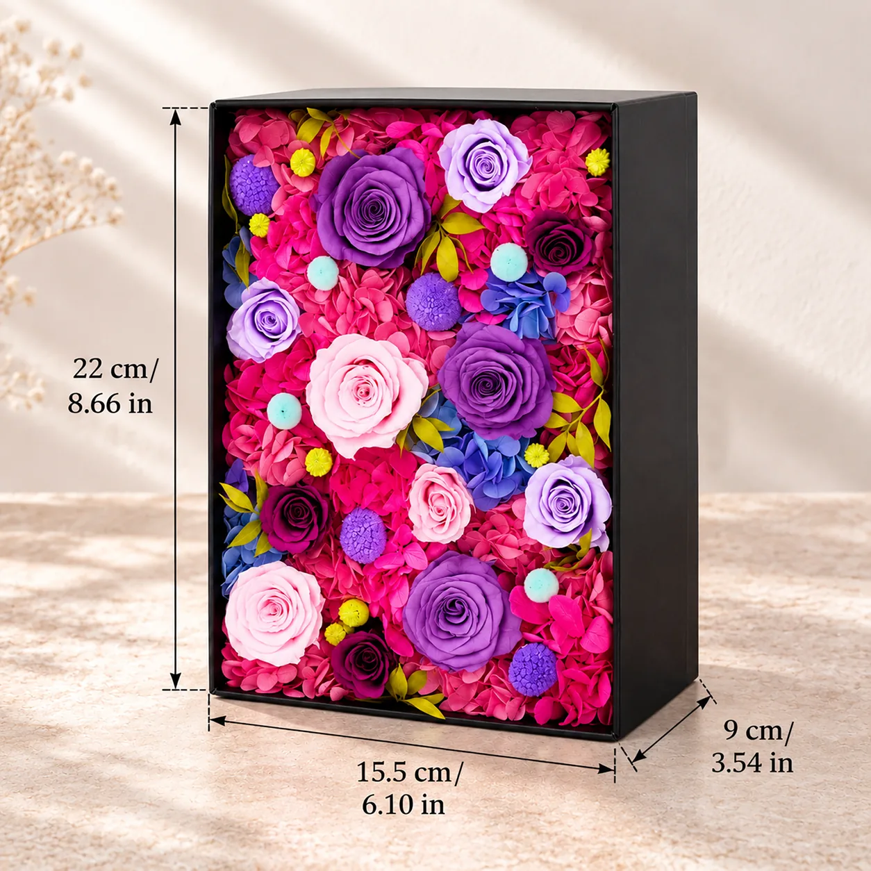 Fuchsia Night Flower Box size chart: 15.5 cm long, 22 cm wide, 9 cm tall