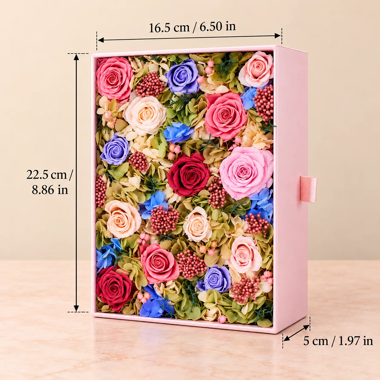 Garden Party Flower Box size chart: 16.5 cm long, 22.5 cm wide, 5 cm tall