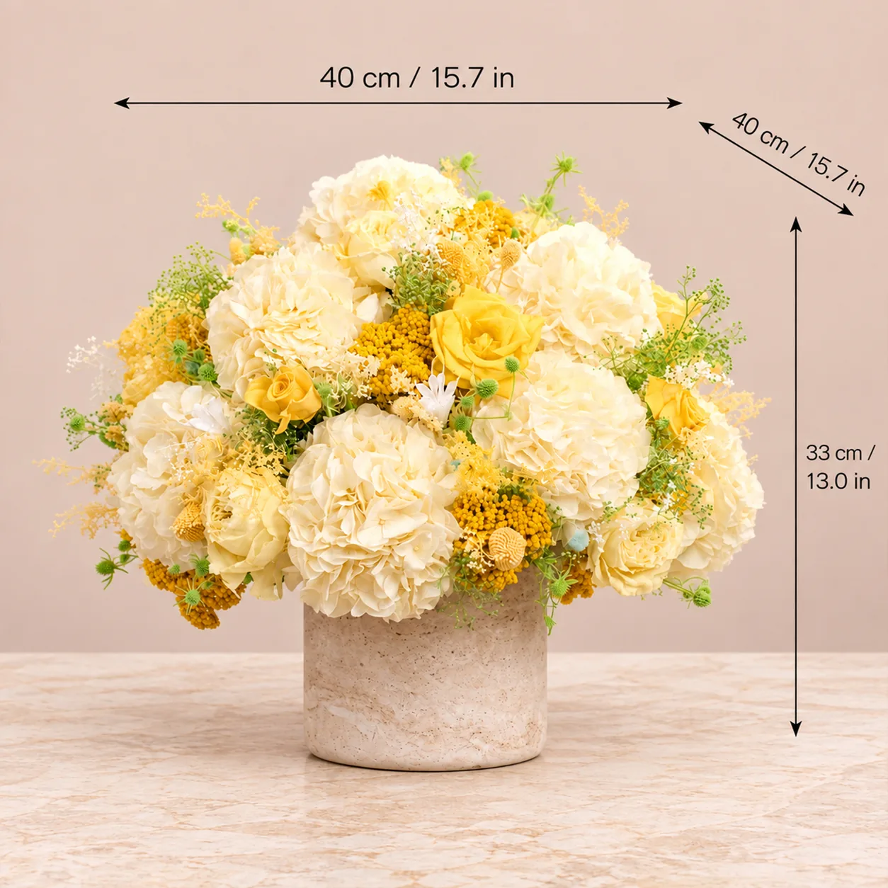 Golden Hydrangea Marble Arrangement size chart: 40 cm long, 40 cm wide, 33 cm tall