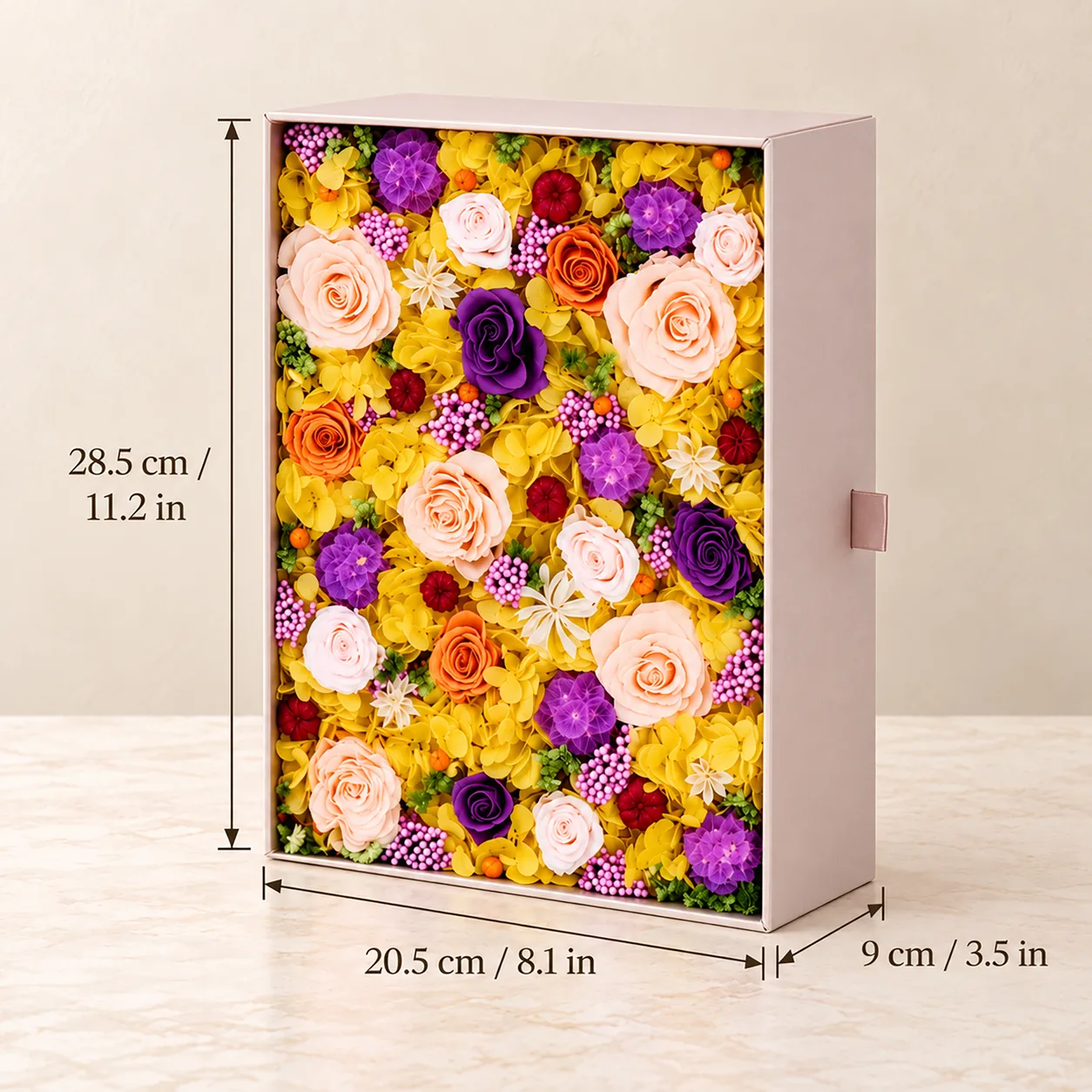Golden Meadow Flower Box size chart: 20.5 cm long, 28.5 cm wide, 9 cm tall