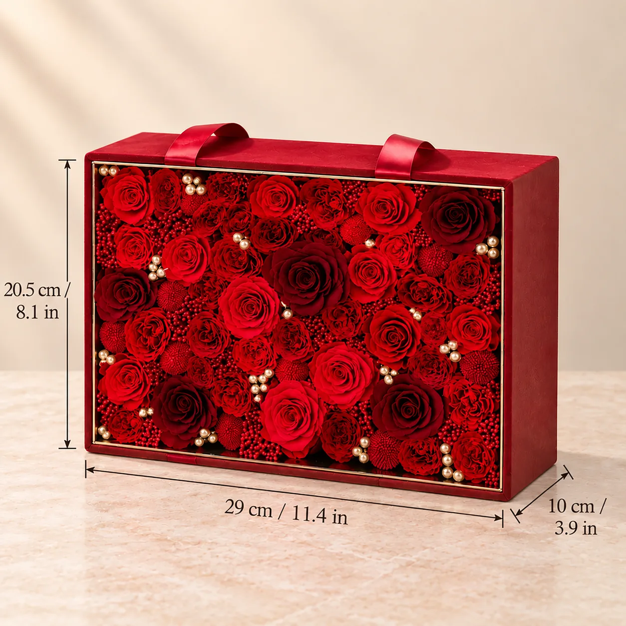 Grand Red Velvet Flower Box size chart: 29 cm long, 20.5 cm wide, 10 cm tall