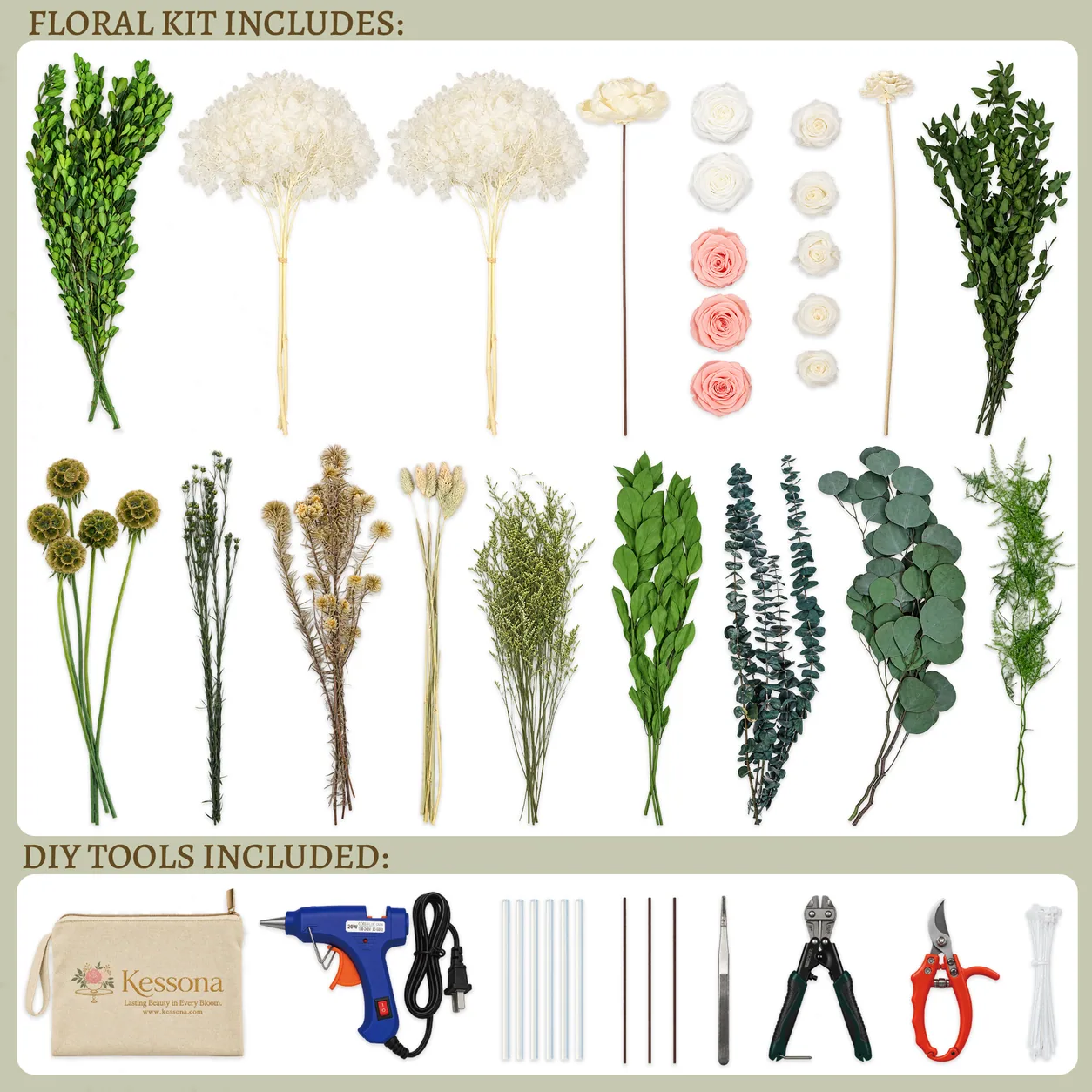 Ivory Garden Preserved Bouquet DIY kit contents: stems, tools and step-by-step guide