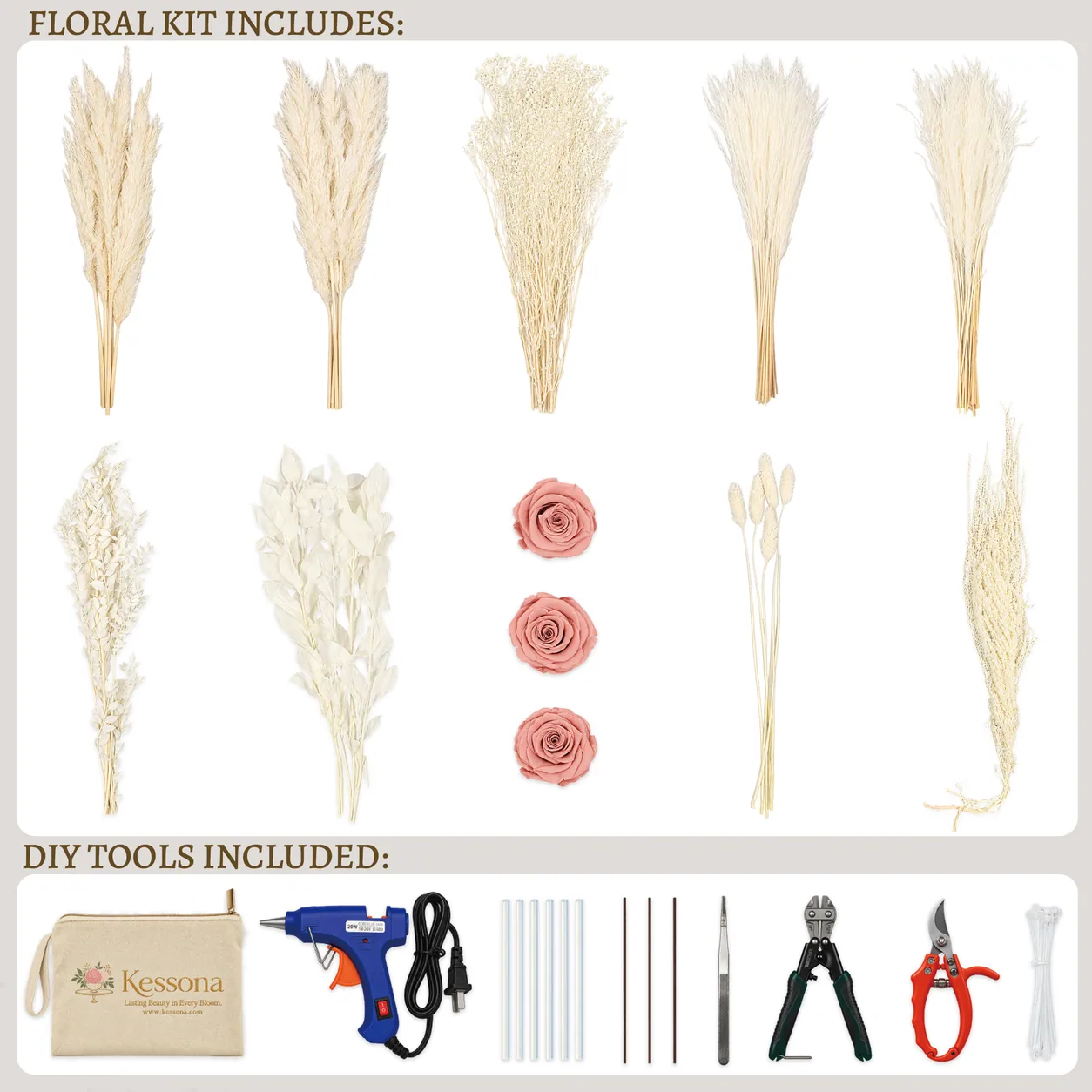 Ivory Pampas Cloud Bouquet DIY kit contents: stems, tools and step-by-step guide