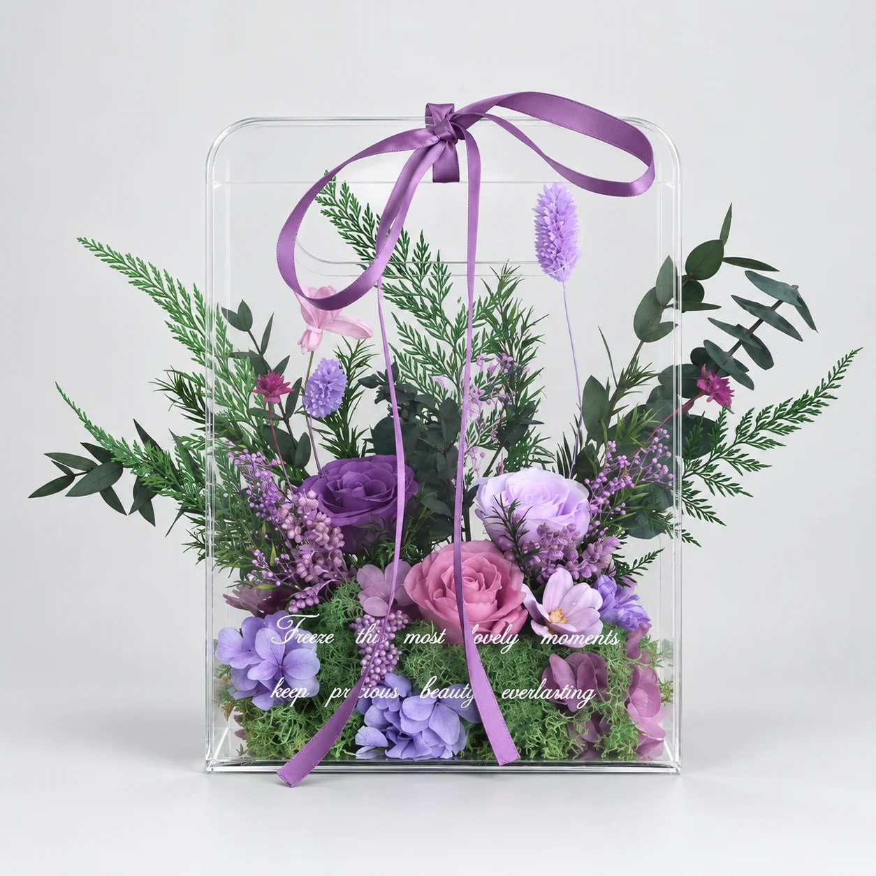 Lavender Acrylic Tote Flower Box — preserved flowers
