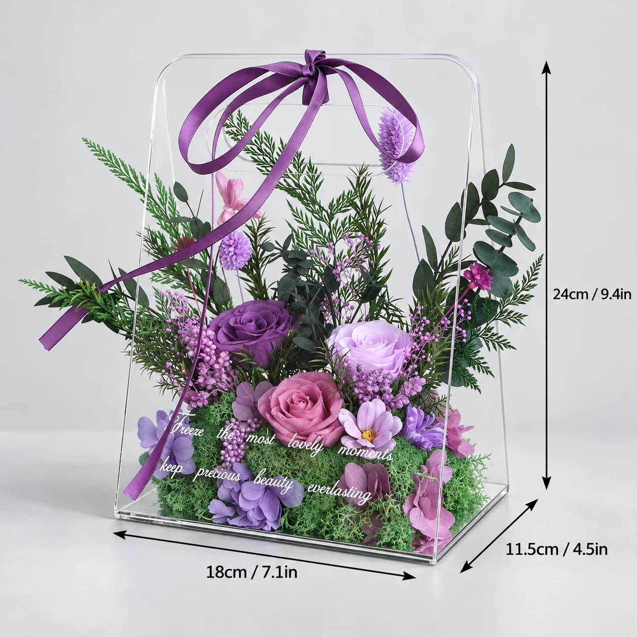 Lavender Acrylic Tote Flower Box size chart: 18 cm long, 11.5 cm wide, 24 cm tall
