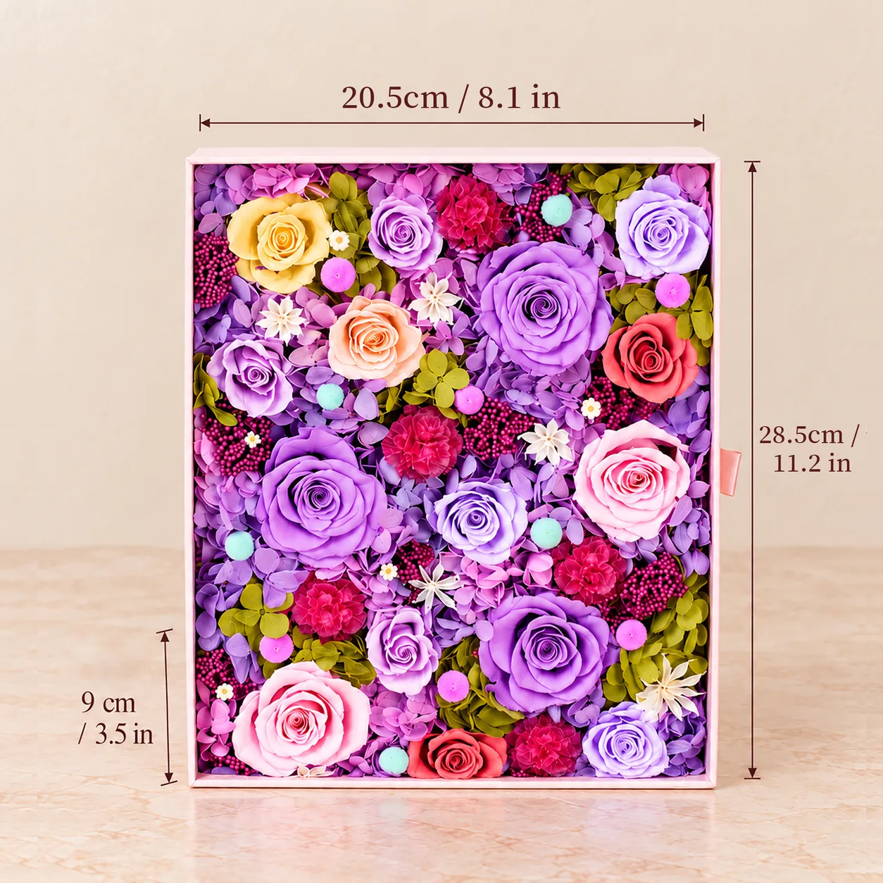 Lavender Blush Flower Box size chart: 20.5 cm long, 28.5 cm wide, 9 cm tall