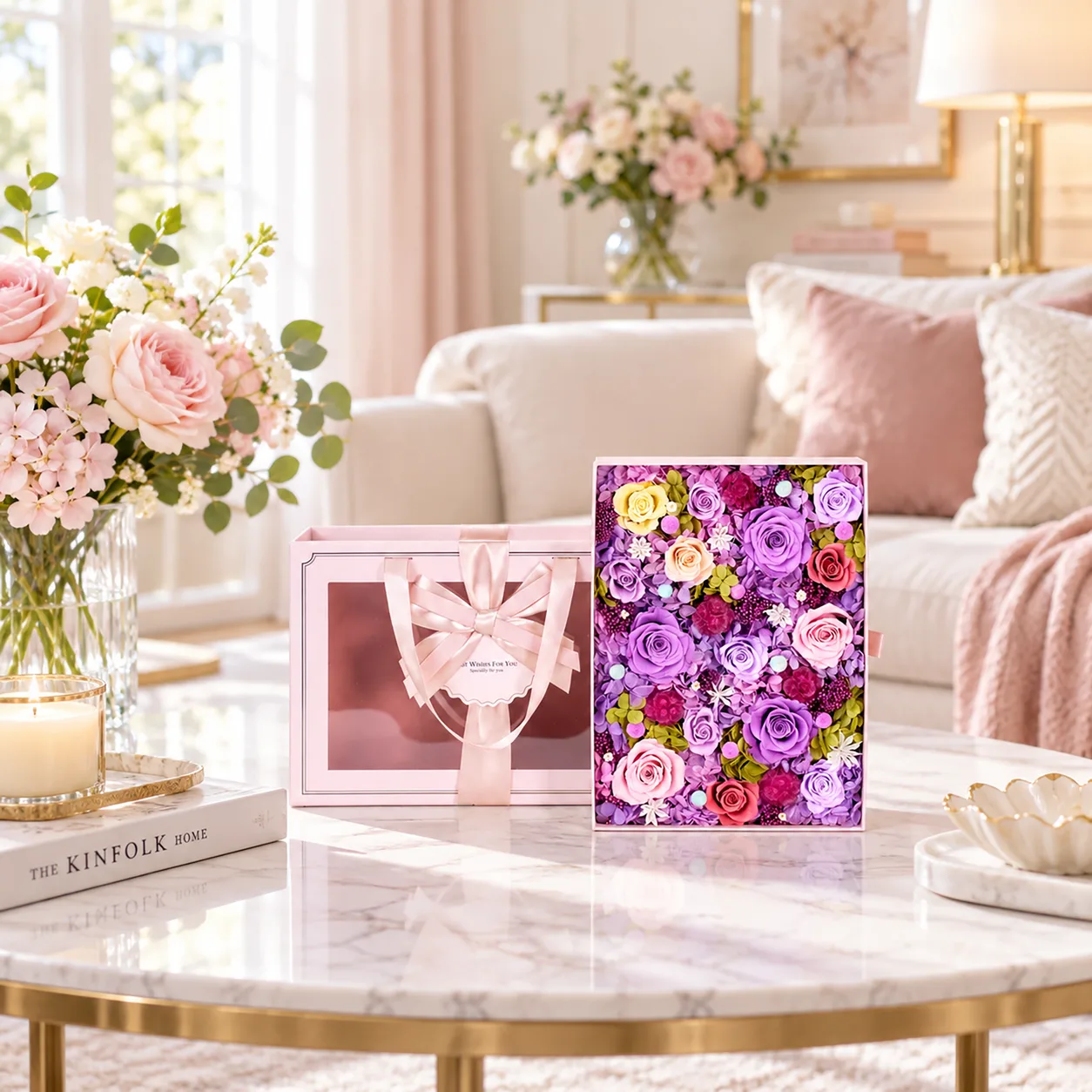Lavender Blush Flower Box on a desk