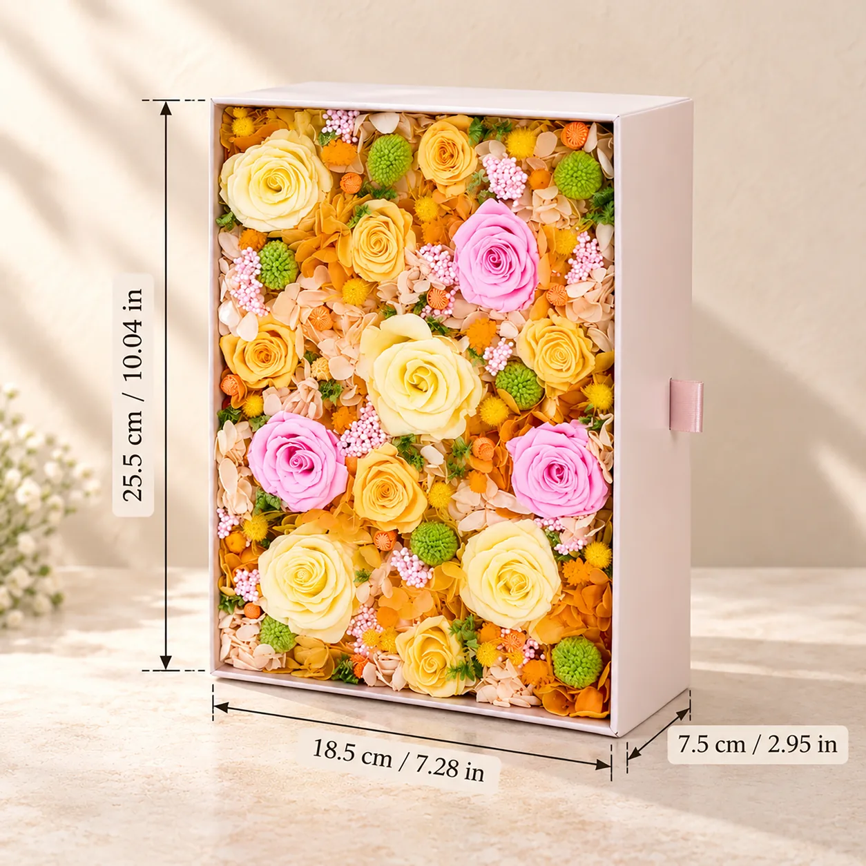 Lemon Sorbet Flower Box size chart: 18.5 cm long, 25.5 cm wide, 7.5 cm tall