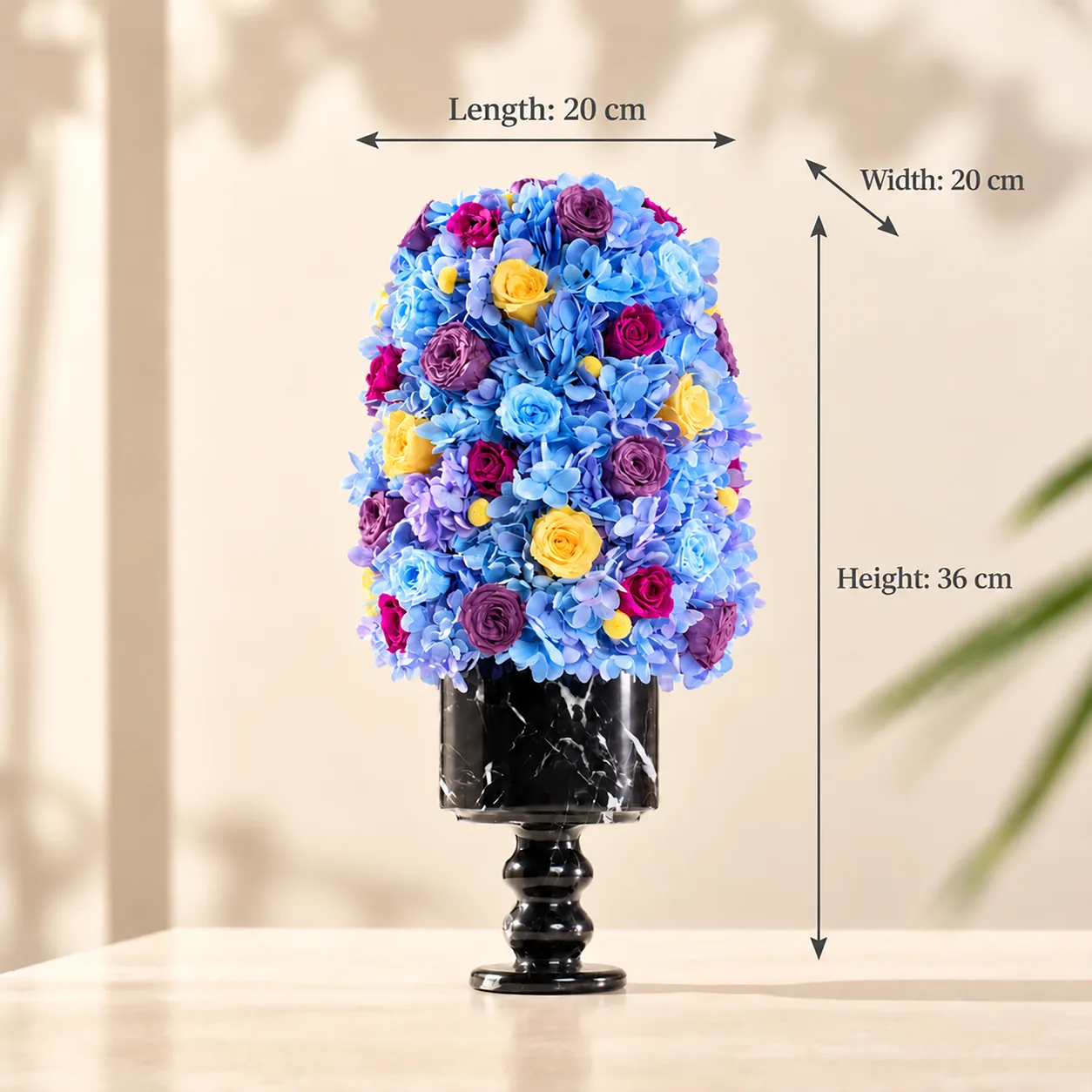 Midnight Blue Marble Arrangement size chart: 20 cm long, 20 cm wide, 36 cm tall