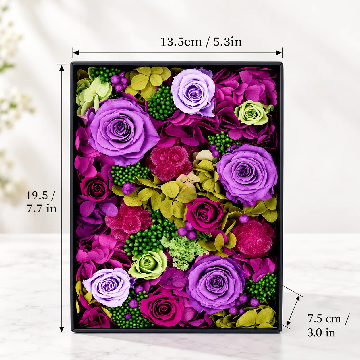 Midnight Violet Flower Box size chart: 13.5 cm long, 19.5 cm wide, 7.5 cm tall