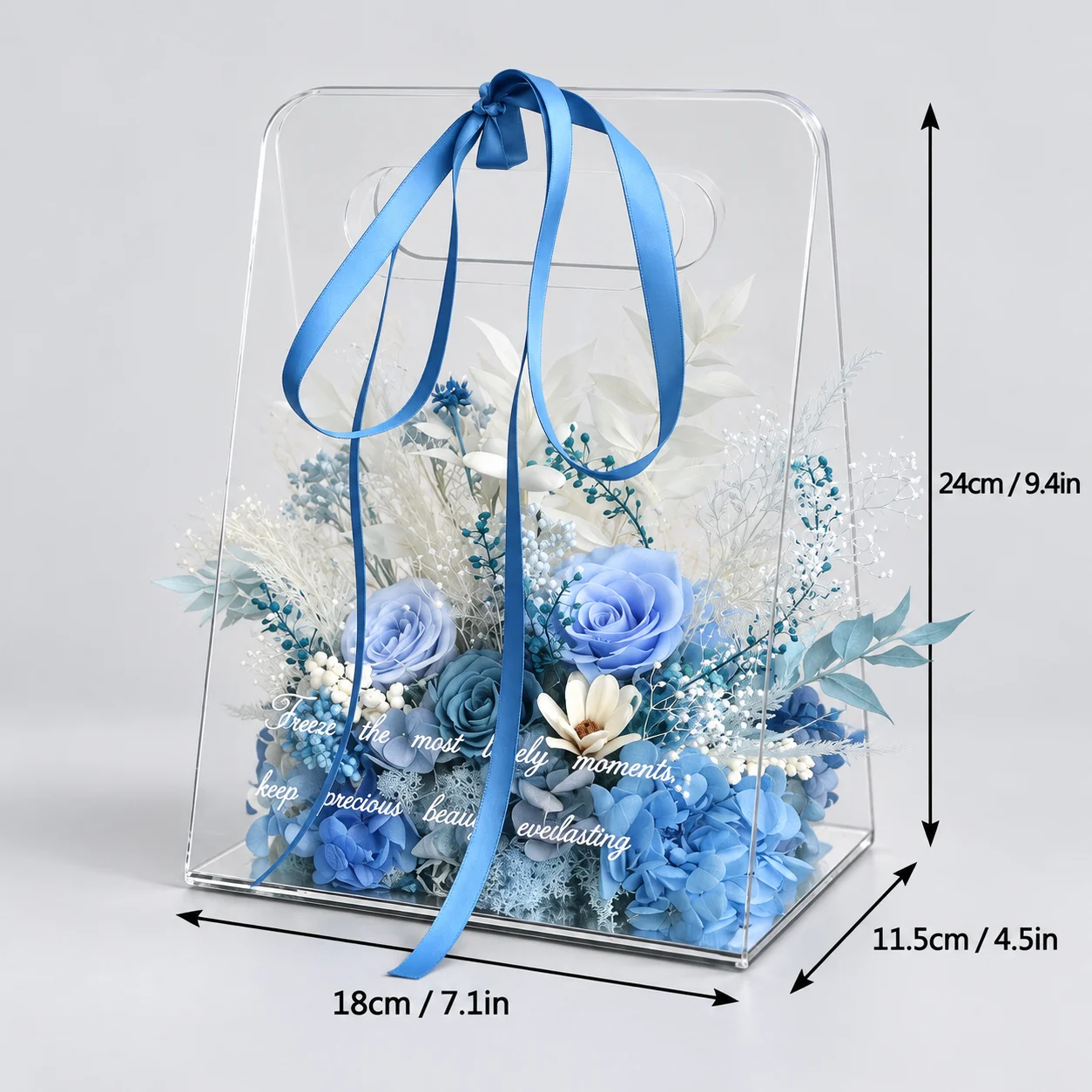 Ocean Blue Acrylic Tote Flower Box size chart: 18 cm long, 11.5 cm wide, 24 cm tall