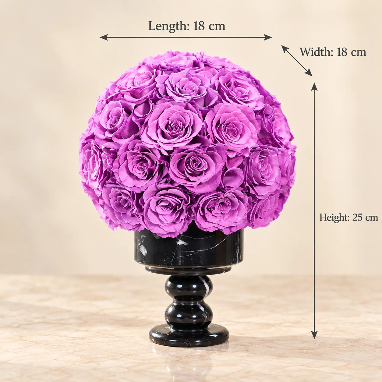 Orchid Rose Dome size chart: 18 cm long, 18 cm wide, 25 cm tall