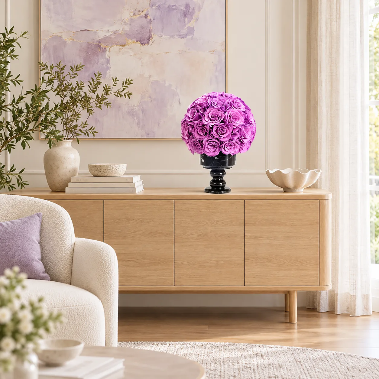 Orchid Rose Dome on a console table