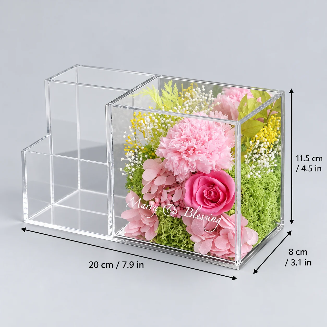 Pink Carnation Pen Holder Flower Box size chart: 20 cm long, 8 cm wide, 11.5 cm tall
