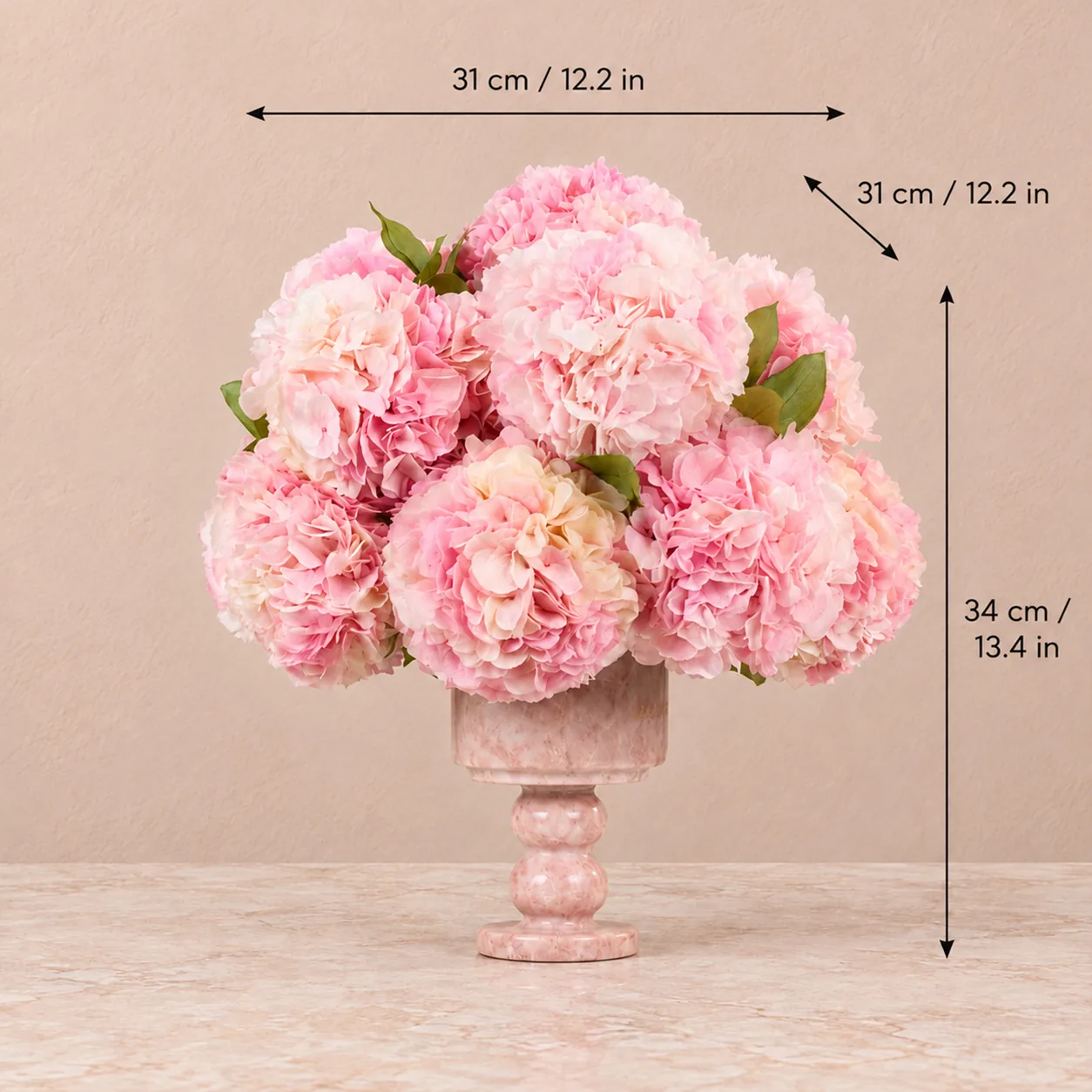 Pink Hydrangea Marble Arrangement size chart: 31 cm long, 31 cm wide, 34 cm tall