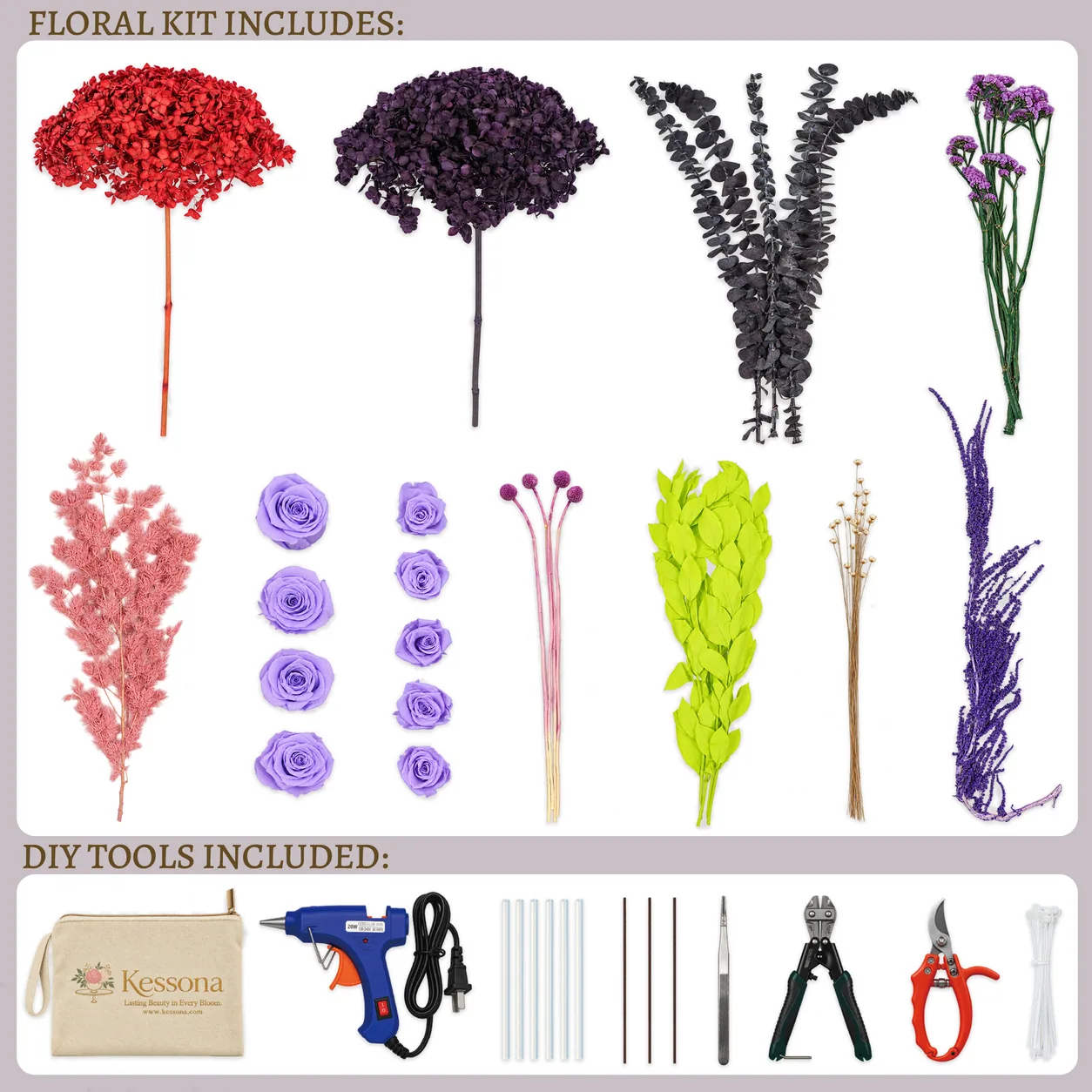 Plum & Garnet Preserved Bouquet DIY kit contents: stems, tools and step-by-step guide