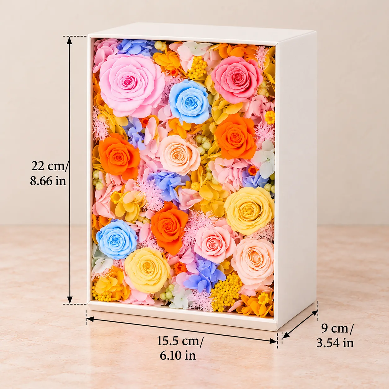 Rainbow Sherbet Flower Box size chart: 15.5 cm long, 22 cm wide, 9 cm tall