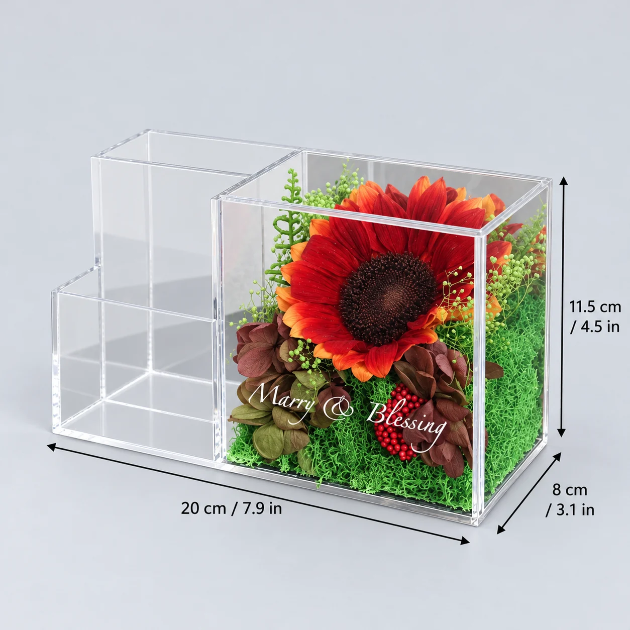 Red Sunflower Pen Holder Flower Box size chart: 20 cm long, 8 cm wide, 11.5 cm tall