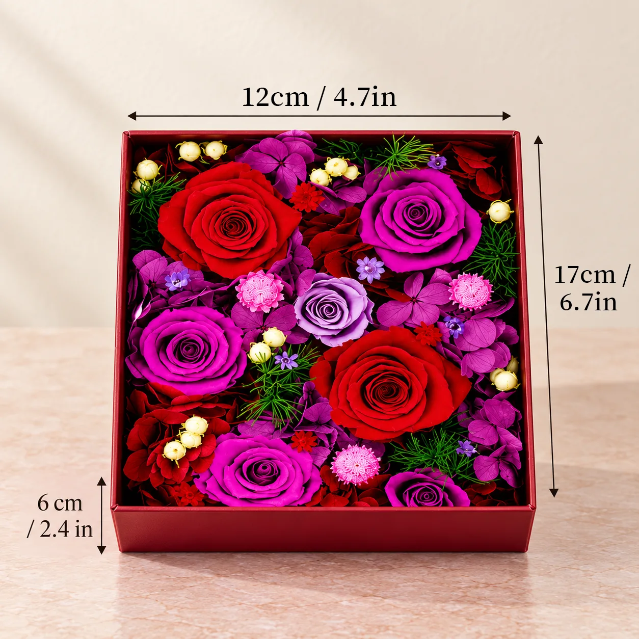 Ruby Red Flower Box size chart: 12 cm long, 17 cm wide, 6 cm tall